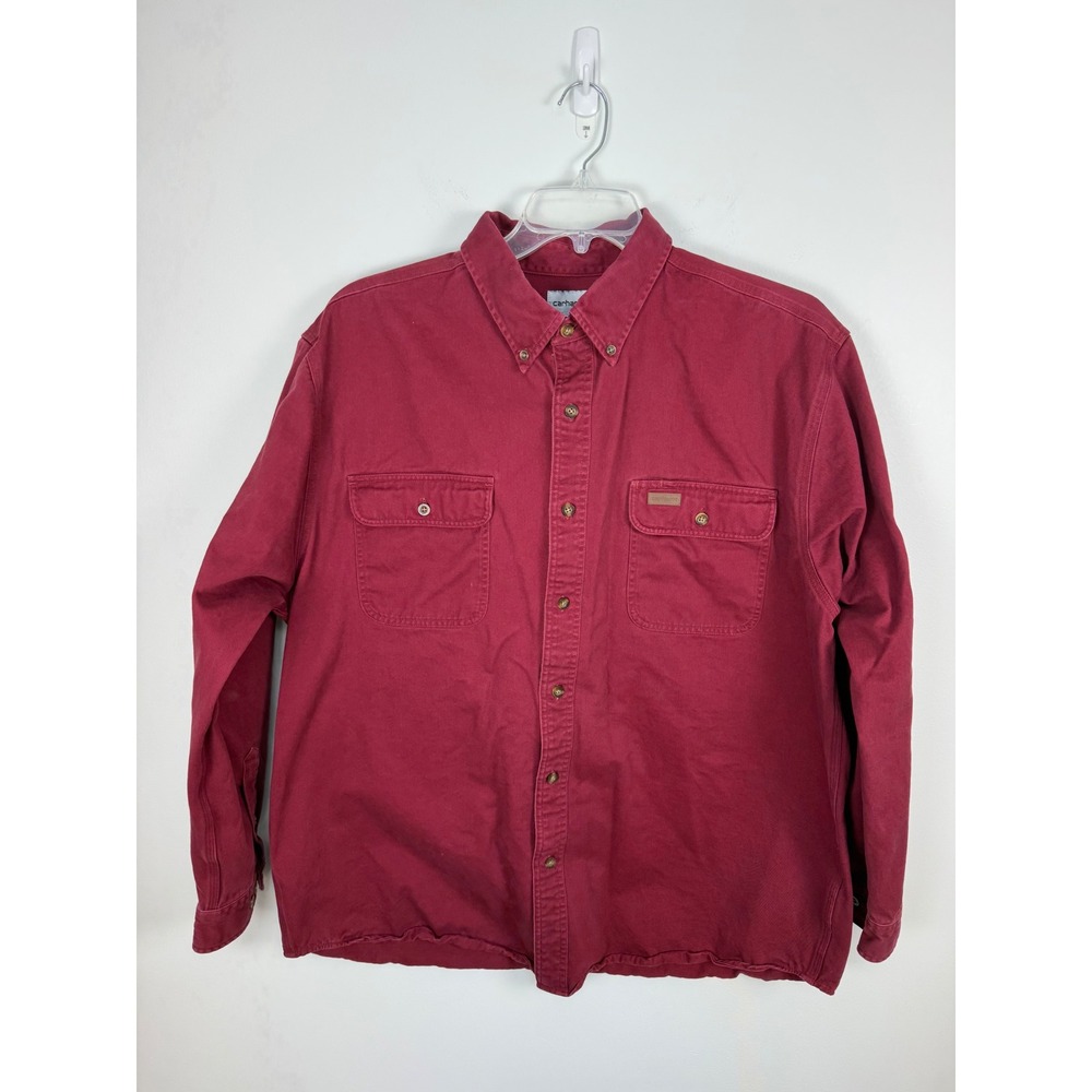 Carhartt Mens XL Burgundy Red Heavy Cotton Long Sleeve Button Down Work Shirt